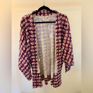 Haori Kimono Jacket Silk Japanese Vintage Purple with Flower Print